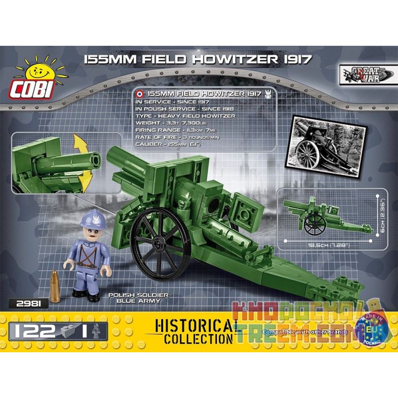 COBI CHARACTER BUILDING 2981 non  LỰU ĐẠN M1917 LOẠI 155MM bộ đồ chơi xếp lắp ráp ghép mô hình Military Army 155 MM FIELD HOWITZER 1917 Quân Sự Bộ Đội 122 khối