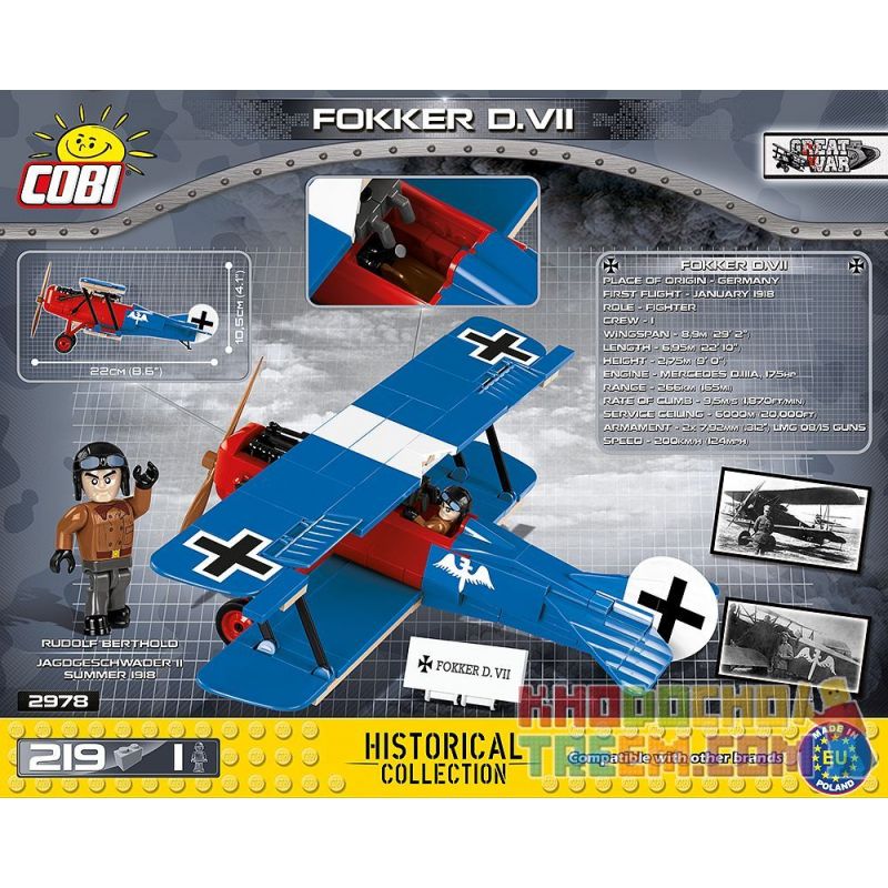 COBI 2978 non  MÁY BAY CHIẾN ĐẤU FOKKER D-VII bộ đồ chơi xếp lắp ráp ghép mô hình Military Army FOKKER D.VII Quân Sự Bộ Đội 219 khối