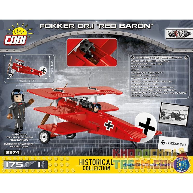 COBI 2974 non  MÁY BAY CHIẾN ĐẤU FOKKER DR.I bộ đồ chơi xếp lắp ráp ghép mô hình Military Army FOKKER DR.1 RED BARON Quân Sự Bộ Đội 175 khối