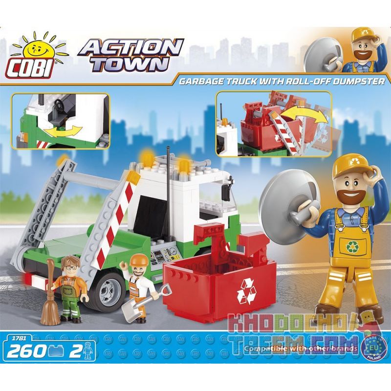 COBI 1781 non  XE CHỞ RÁC CÓ LU bộ đồ chơi xếp lắp ráp ghép mô hình City GARBAGE TRUCK WITH ROLL-OFF DUMPSTER Thành Phố 260 khối