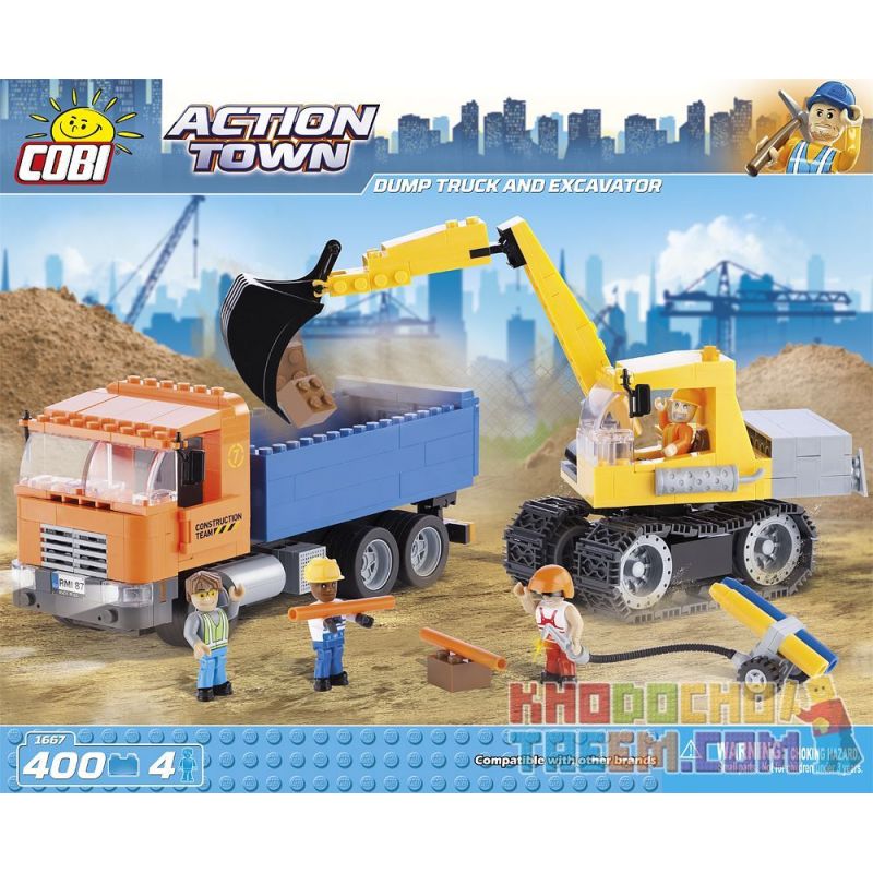 COBI 1667 non Lego XE BEN VÀ MÁY XÚC bộ đồ chơi xếp lắp ráp ghép mô hình City DUMP TRUCK AND EXCAVATOR Thành Phố 400 khối