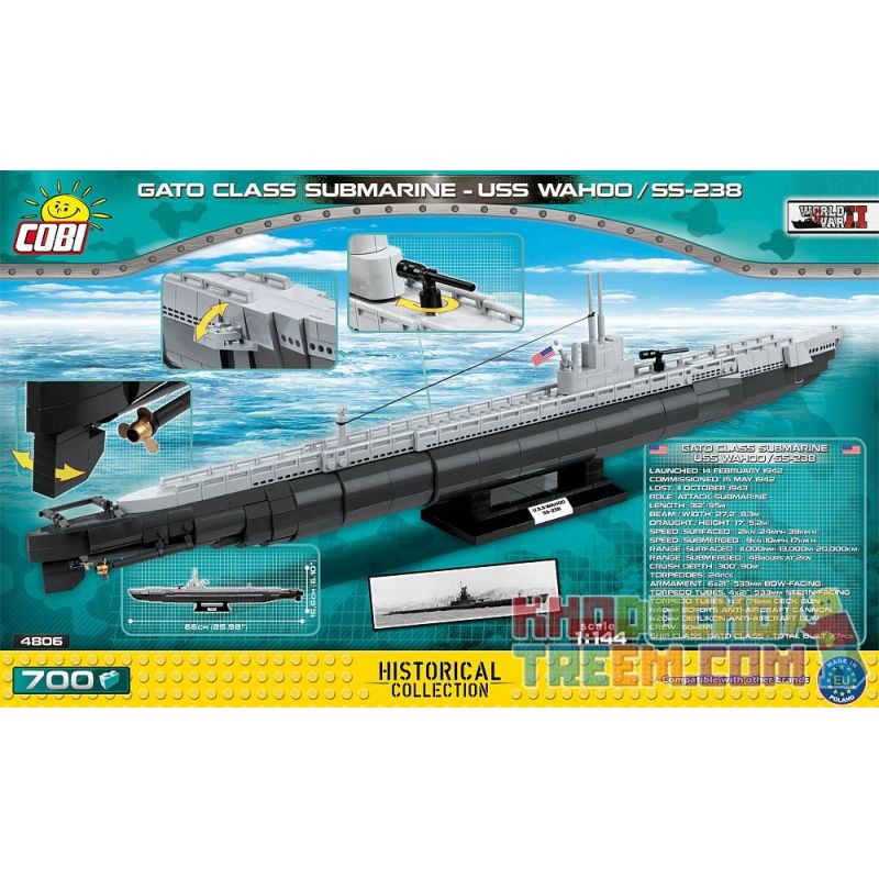 COBI 4806 non  HUNGE (USS WAHOO SS-238) bộ đồ chơi xếp lắp ráp ghép mô hình Military Army GATO CLASS SUBMARINE - USS WAHOO/SS-238 Quân Sự Bộ Đội 700 khối