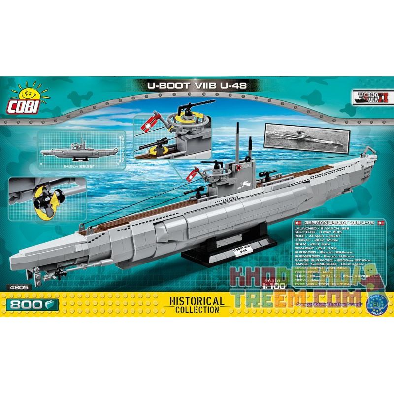 COBI 4805 non  TÀU NGẦM TYPE VII B U-48 bộ đồ chơi xếp lắp ráp ghép mô hình Military Army U-BOOT U-48 VII Quân Sự Bộ Đội 800 khối