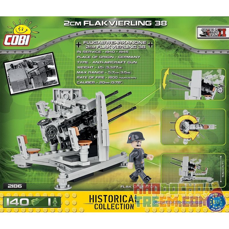 COBI 2186 non  SÚNG PHÒNG KHÔNG 20MM FLAKVIERLING38 bộ đồ chơi xếp lắp ráp ghép mô hình Military Army FLAKVIERLING 38 / 20 MM Quân Sự Bộ Đội 140 khối