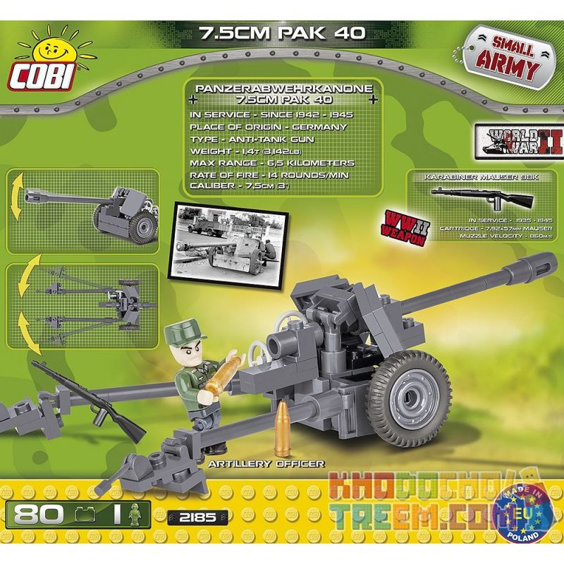 COBI 2185 non  SÚNG CHỐNG TĂNG PAK 40 bộ đồ chơi xếp lắp ráp ghép mô hình Military Army PAK 40/7.5 CM Quân Sự Bộ Đội 80 khối