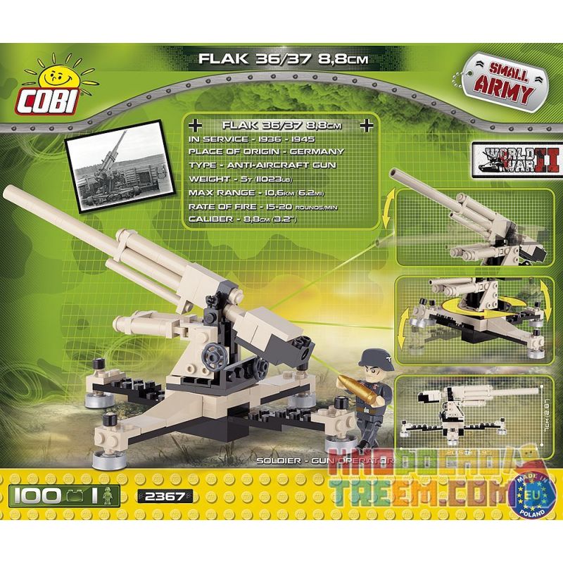 COBI 2367 WD-5550 5550 WD5550 non  SÚNG PHÒNG KHÔNG 88 MM bộ đồ chơi xếp lắp ráp ghép mô hình Military Army FLAK 36/37 8.8 CM Quân Sự Bộ Đội 100 khối
