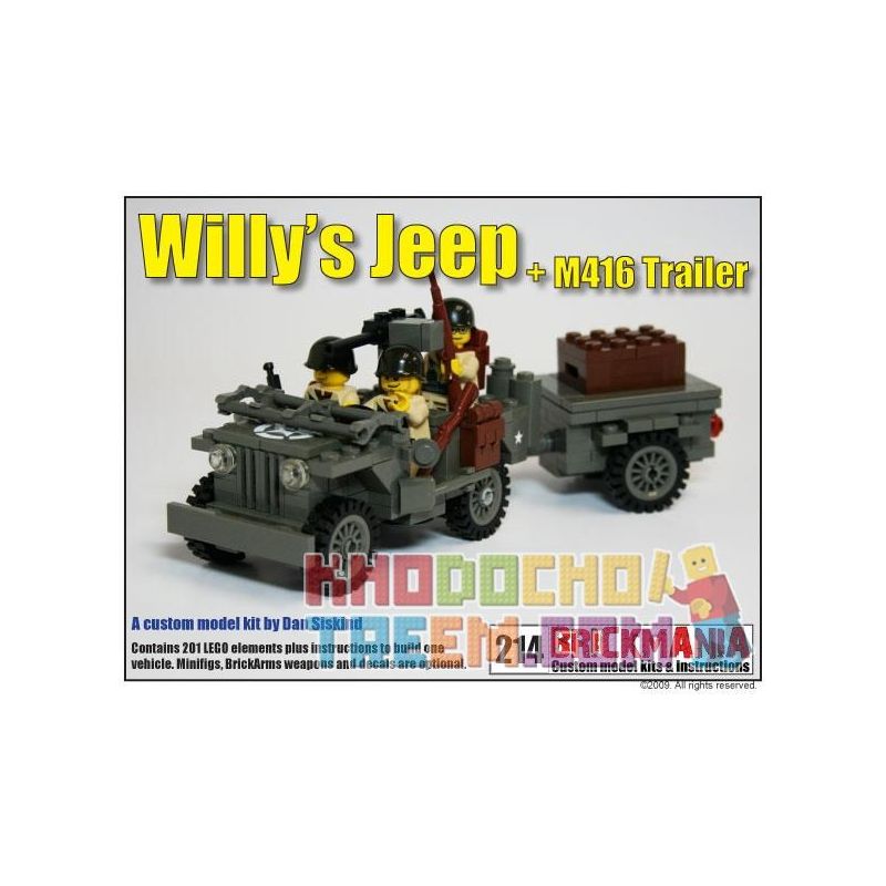 BRICKMANIA 214 non Lego WILLIS JEEP + ĐOẠN GIỚI THIỆU M416 bộ đồ chơi xếp lắp ráp ghép mô hình Military Army WILLYS JEEP + M416 TRAILER Quân Sự Bộ Đội 201 khối