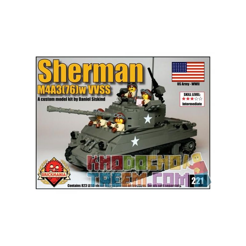 BRICKMANIA 221 non Lego M4A3 (76) VỚI XE TĂNG SHERMAN VVSS bộ đồ chơi xếp lắp ráp ghép mô hình Military Army M4A3(76)W VVSS SHERMAN Quân Sự Bộ Đội 823 khối