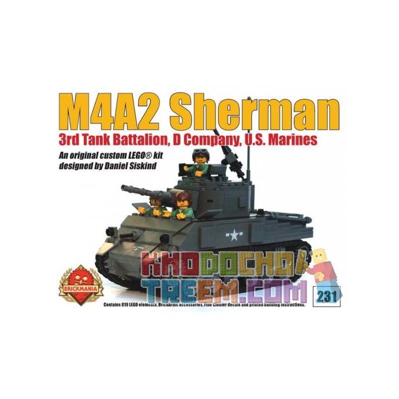 BRICKMANIA 231 non Lego XE TĂNG M4A2 SHERMAN bộ đồ chơi xếp lắp ráp ghép mô hình Military Army Quân Sự Bộ Đội 819 khối