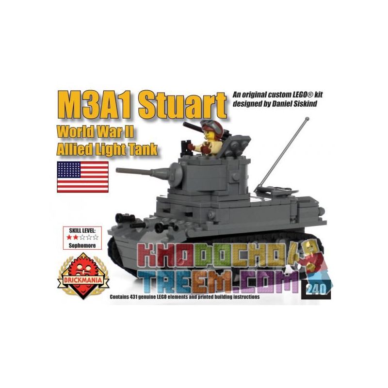 BRICKMANIA 240 non Lego XE TĂNG HẠNG NHẸ M3A1 STUART (V2) bộ đồ chơi xếp lắp ráp ghép mô hình Military Army Quân Sự Bộ Đội 431 khối