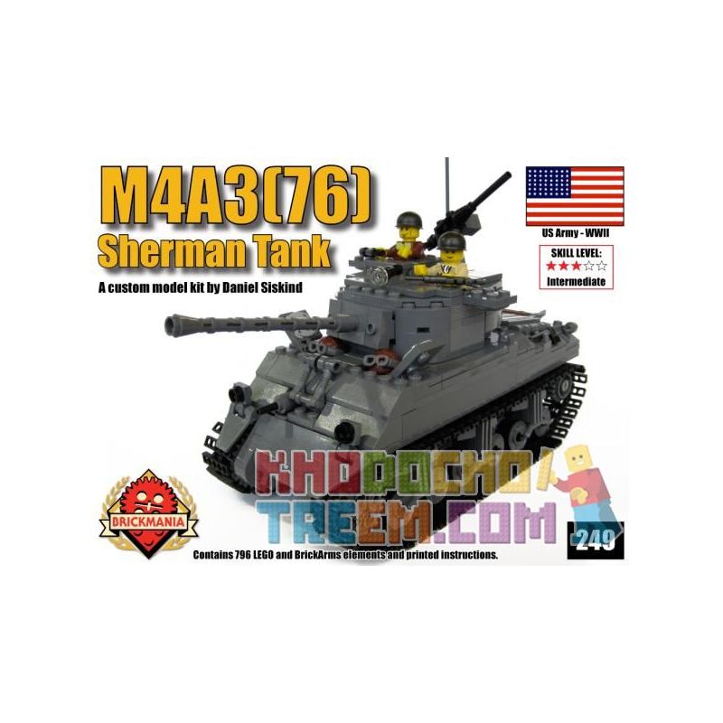 BRICKMANIA 249 non Lego M4A3 (76) XE TĂNG SHERMAN bộ đồ chơi xếp lắp ráp ghép mô hình Military Army M4A3(76) SHERMAN TANK Quân Sự Bộ Đội 796 khối