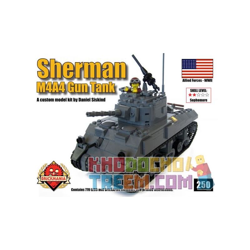 BRICKMANIA 250 non Lego XE TĂNG M4A4 SHERMAN bộ đồ chơi xếp lắp ráp ghép mô hình Military Army M4A4 SHERMAN GUN TANK Quân Sự Bộ Đội 770 khối
