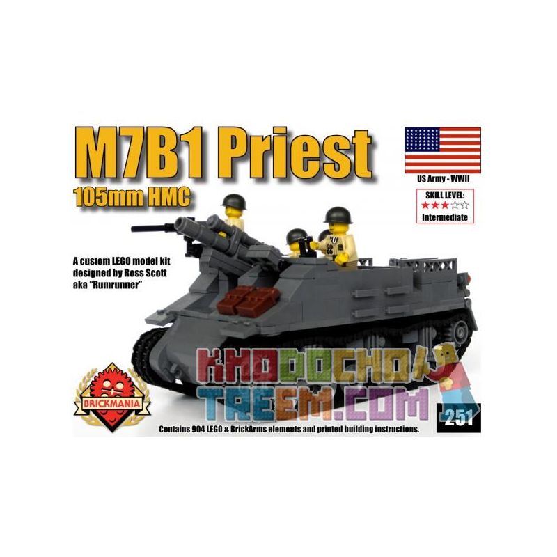 BRICKMANIA 251 non Lego PHÁO TỰ HÀNH M7B1 PRIEST bộ đồ chơi xếp lắp ráp ghép mô hình Military Army M7B1 PRIEST 105MM HMC Quân Sự Bộ Đội 904 khối