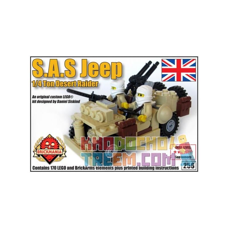 BRICKMANIA 258 non Lego XE JEEP CỦA S.A.S. bộ đồ chơi xếp lắp ráp ghép mô hình Military Army S.A.S. JEEP – 1/4 TON DESERT RAIDER Quân Sự Bộ Đội 170 khối