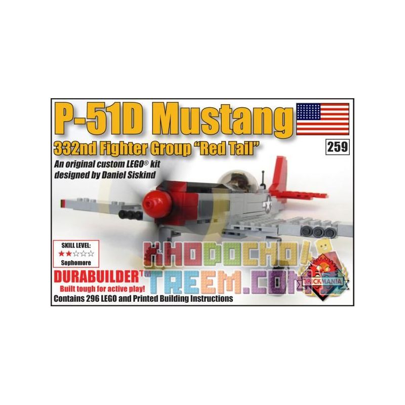 BRICKMANIA 259 non Lego MÁY BAY CHIẾN ĐẤU P-51 MUSTANG bộ đồ chơi xếp lắp ráp ghép mô hình Military Army P-51D MUSTANG "RED TAIL" Quân Sự Bộ Đội 296 khối