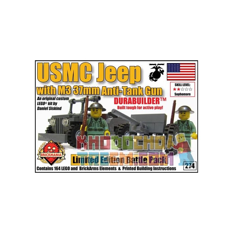 BRICKMANIA 274 non Lego USMC JEEP VÀ SÚNG CHỐNG TĂNG 37MM bộ đồ chơi xếp lắp ráp ghép mô hình Military Army USMC JEEP WITH 37MM ANTI-TANK GUN Quân Sự Bộ Đội 164 khối