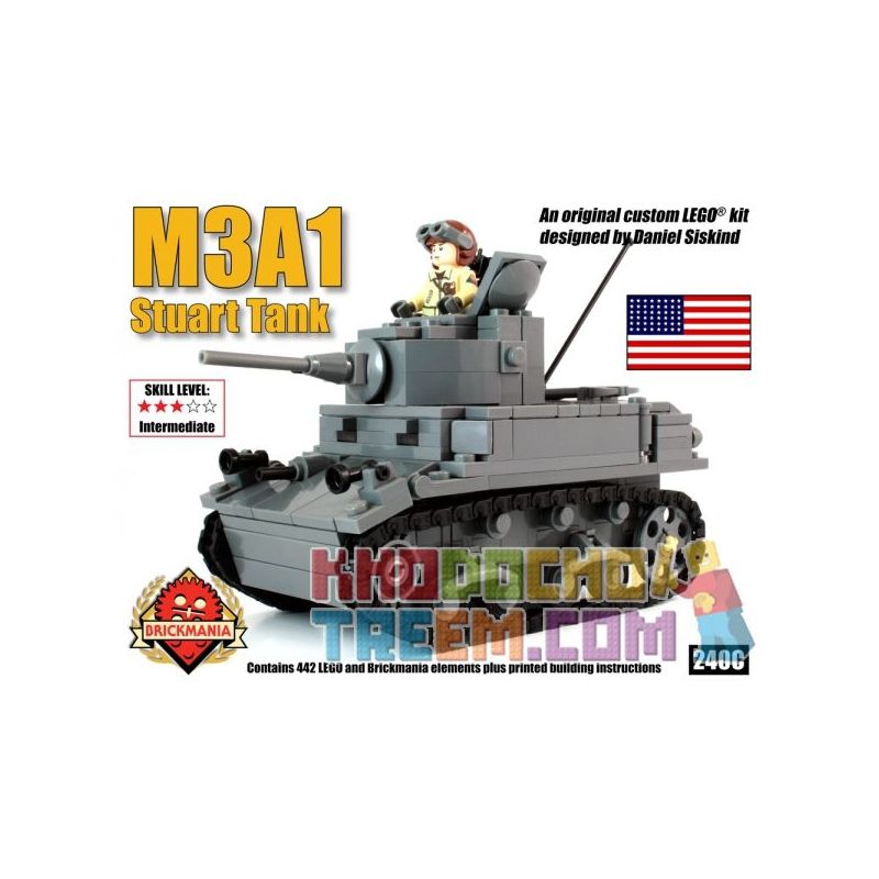 BRICKMANIA 240C non Lego TĂNG HẠNG NHẸ M3A1 STUART bộ đồ chơi xếp lắp ráp ghép mô hình Military Army M3A1 STUART LIGHT TANK Quân Sự Bộ Đội 442 khối