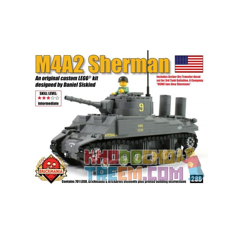 BRICKMANIA 288 non Lego XE TĂNG M4A2 SHERMAN bộ đồ chơi xếp lắp ráp ghép mô hình Military Army M4A2 SHERMAN  Quân Sự Bộ Đội 411 khối