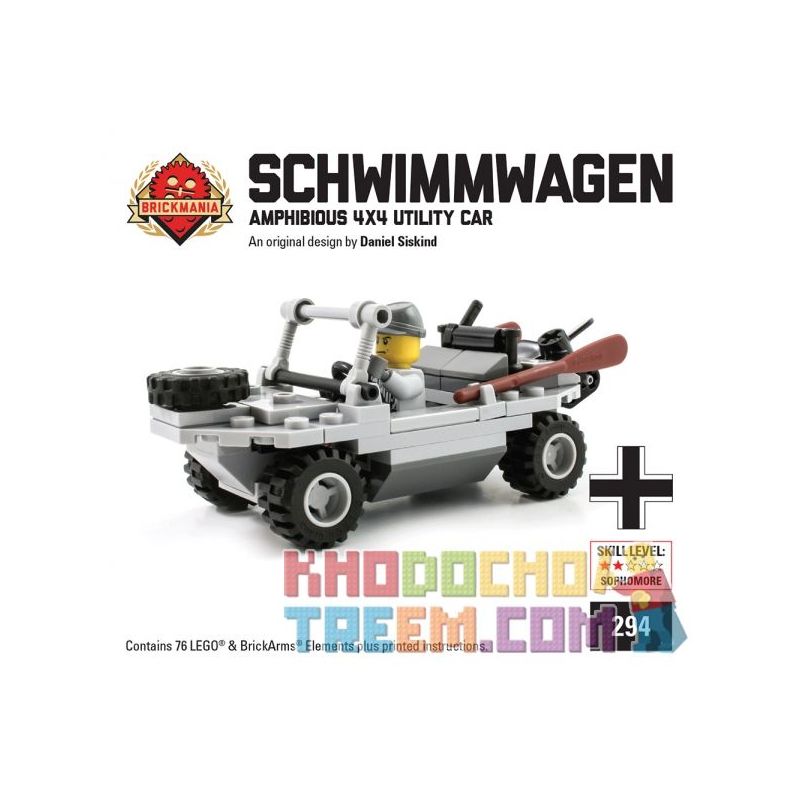 BRICKMANIA 294 non Lego XE LỘI NƯỚC VW166 bộ đồ chơi xếp lắp ráp ghép mô hình Military Army SCHWIMMWAGEN Quân Sự Bộ Đội 76 khối