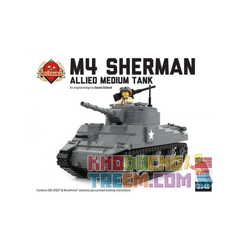 BRICKMANIA 2048 non Lego BỘ ĐỒ CHƠI LEGO TÙY CHỈNH XE TĂNG HẠNG NẶNG M4 SHERMAN-ALLIED bộ đồ chơi xếp lắp ráp ghép mô hình Military Army M4 SHERMAN - ALLIED MEDIUM TANK -CUSTOM LEGO KIT Quân Sự Bộ Đội 535 khối