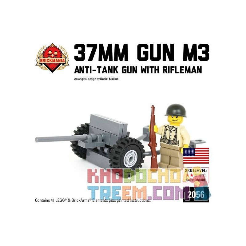 BRICKMANIA 2056 non Lego SÚNG CHỐNG TĂNG M3 37MM VÀ TRƯỜNG HOA KỲ bộ đồ chơi xếp lắp ráp ghép mô hình Military Army M3 37MM ANTI-TANK GUN WITH US RIFLEMAN MINIFIG Quân Sự Bộ Đội 41 khối