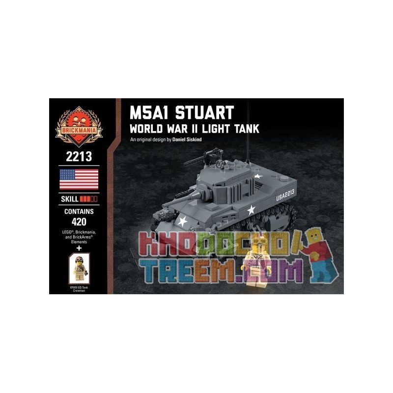 BRICKMANIA 2213 non Lego M5A1 STUART-XE TĂNG HẠNG NHẸ CỦA THẾ CHIẾN II bộ đồ chơi xếp lắp ráp ghép mô hình Military Army M5A1 STUART - WORLD WAR II LIGHT TANK Quân Sự Bộ Đội 420 khối