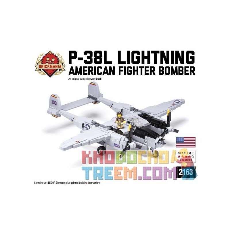 BRICKMANIA 2163 non Lego MÁY BAY CHIẾN ĐẤU TIA CHỚP P-38L bộ đồ chơi xếp lắp ráp ghép mô hình Military Army P-38L LIGHTNING Quân Sự Bộ Đội 904 khối