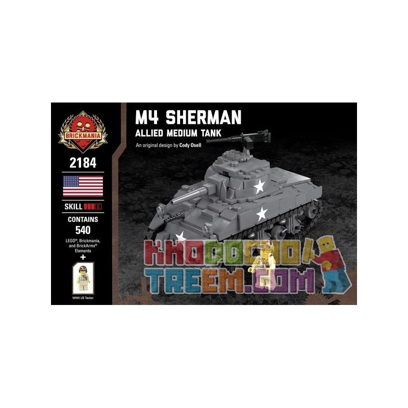 BRICKMANIA 2184 non Lego TĂNG HẠNG TRUNG M4 SHERMAN-ĐỒNG MINH (2018) bộ đồ chơi xếp lắp ráp ghép mô hình Military Army M4 SHERMAN - ALLIED MEDIUM TANK (2018) Quân Sự Bộ Đội 540 khối