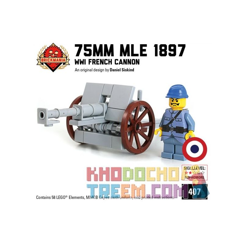 BRICKMANIA 407 non Lego 75MM MLE 1897 "PHÁP 75" bộ đồ chơi xếp lắp ráp ghép mô hình Military Army 75MM MLE 1897 “FRENCH 75” Quân Sự Bộ Đội 58 khối