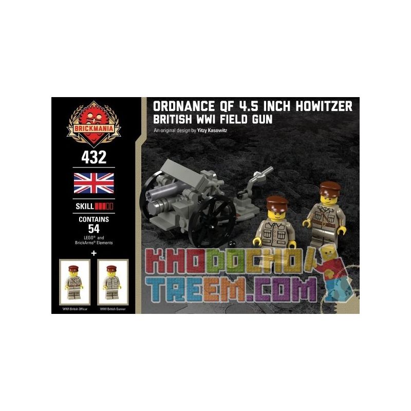 BRICKMANIA 432 non Lego LỰU PHÁO CỠ NÒNG 4 5 INCH QF bộ đồ chơi xếp lắp ráp ghép mô hình Military Army ORDNANCE QF 4.5 INCH HOWITZER Quân Sự Bộ Đội 54 khối
