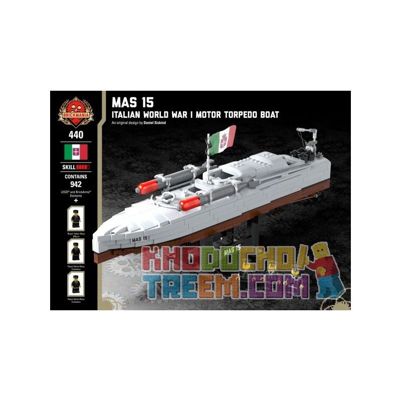 BRICKMANIA 440 non Lego MAS 15-THUYỀN PHÓNG NGƯ LÔI CỦA Ý TRONG THẾ CHIẾN bộ đồ chơi xếp lắp ráp ghép mô hình Military Army MAS 15 - ITALIAN WORLD WAR MOTOR TORPEDO BOAT Quân Sự Bộ Đội 942 khối