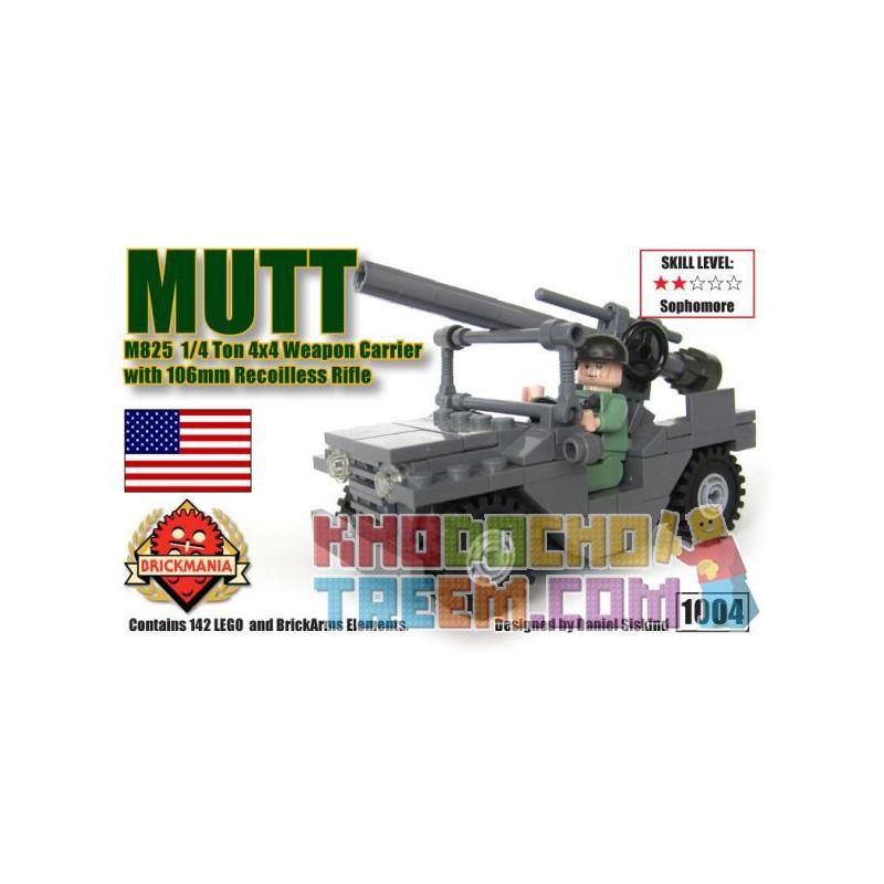 BRICKMANIA 1004 non Lego M825 MUTT 1 MANG VŨ KHÍ 4 TẤN × VÀ SÚNG KHÔNG GIẬT 106MM bộ đồ chơi xếp lắp ráp ghép mô hình Military Army M825 MUTT 1/4 TON 4×4 WEAPON CARRIER WITH 106MM RECOILLESS RIFLE Quân Sự Bộ Đội 142 khối