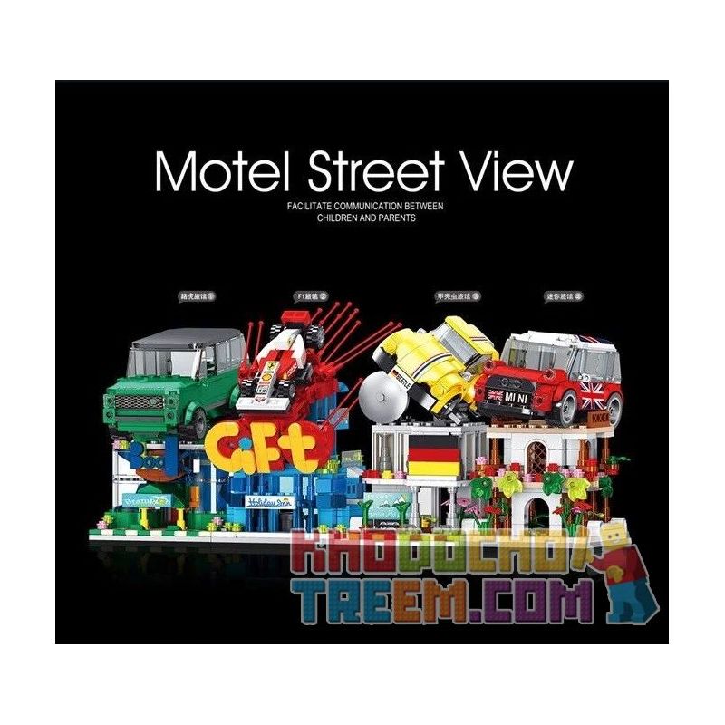 SHENZHEN RAEL ENTERTAINMENT 10011-1 10011-2 10011-3 10011-4 non  NHÀ NGHỈ 4 bộ đồ chơi xếp lắp ráp ghép mô hình Speed Champions Racing Cars MOTEL STREET VIEW Đua Xe Công Thức