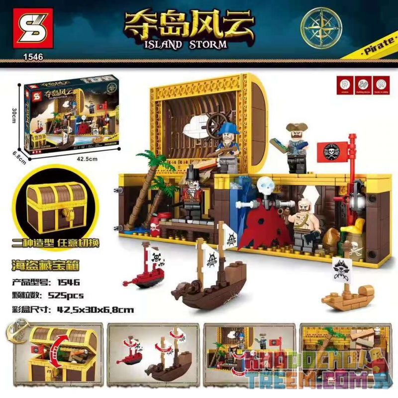 SHENG YUAN SY 1546 non Lego RƯƠNG KHO BÁU CƯỚP BIỂN bộ đồ chơi xếp lắp ráp ghép mô hình Pirates Of The Caribbean ISLAND STORM Cướp Biển Vùng Caribe 526 khối