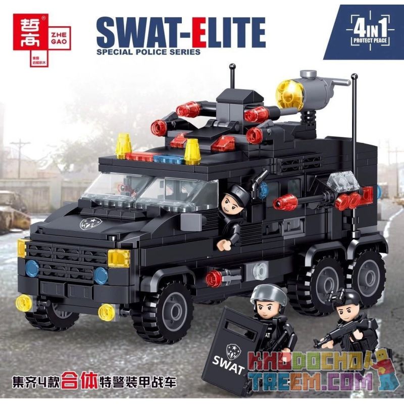 ZHEGAO QL0251 0251 non  XE CHIẾN ĐẤU BỌC THÉP SWAT 4 LOẠI TÍCH HỢP TRỰC THĂNG TÀU CAO TỐC SUV Ô TÔ bộ đồ chơi xếp lắp ráp ghép mô hình City SWAT-ELITE Thành Phố 906 khối