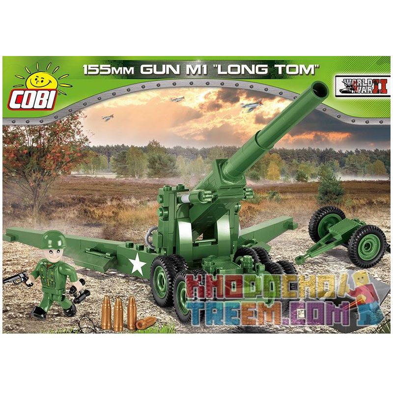 COBI 2394 non Lego SÚNG TRƯỜNG 155MM CHÂN DÀI M1 TOM bộ đồ chơi xếp lắp ráp ghép mô hình Military Army 155 MM GUN M1 LONG TOM Quân Sự Bộ Đội 200 khối