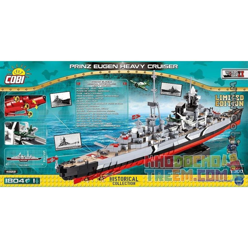 COBI CHARACTER BUILDING 4822 COBI-4822 COBI4822 non Lego PHIÊN BẢN GIỚI HẠN TUẦN DƯƠNG HẠM HẠNG NẶNG USS PRINZ EUGEN bộ đồ chơi xếp lắp ráp ghép mô hình Military Army PRINZ EUGEN HEAVY CRUISER LIMITED EDITION Quân Sự Bộ Đội 1804 khối