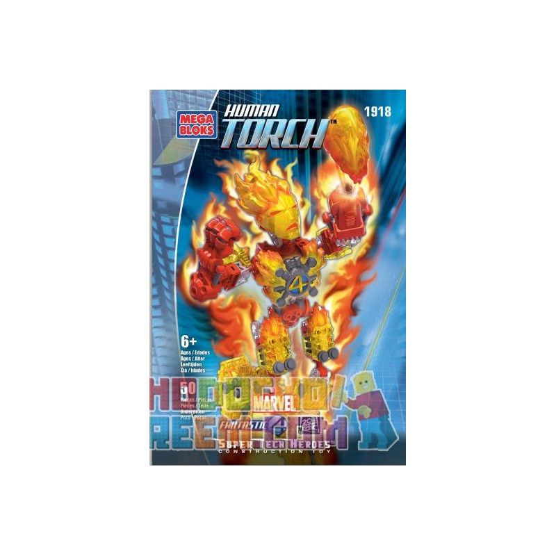 MEGA BLOKS 1918 non Lego NGỌN LỬA CON NGƯỜI bộ đồ chơi xếp lắp ráp ghép mô hình Movie & Game HUMAN TORCH TECH-BOT Phim Và Trò Chơi 50 khối