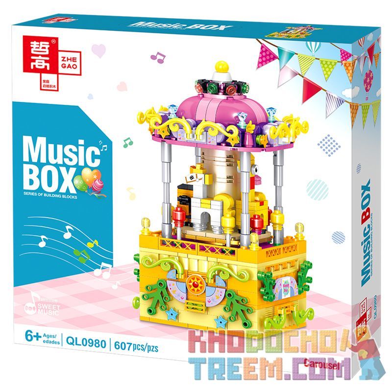 ZHEGAO QL0980 0980 non Lego BĂNG CHUYỀN bộ đồ chơi xếp lắp ráp ghép mô hình Seasonal MUSIC BOX CAROUSEL Mùa Lễ Hội 607 khối