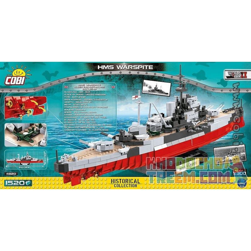 COBI 4820 non Lego CHIẾN HẠM KIỆT QUỆ bộ đồ chơi xếp lắp ráp ghép mô hình Military Army HMS WARSPITE Quân Sự Bộ Đội 1520 khối