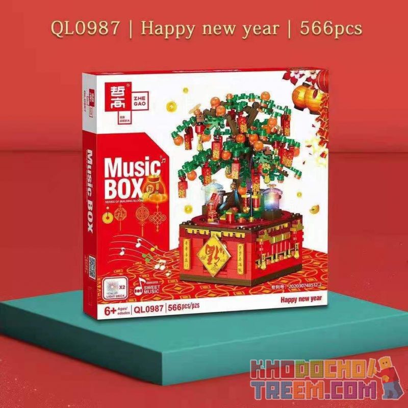 ZHEGAO QL0987 0987 non Lego CÂY TÀI LỘC bộ đồ chơi xếp lắp ráp ghép mô hình Seasonal MUSIC BOX HAPPY NEW YEAR Mùa Lễ Hội 566 khối