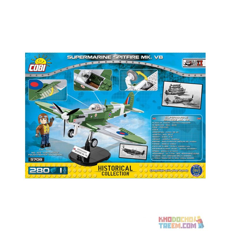 COBI 5708 non Lego SUPER MARLIN SPITFIRE MK.VB bộ đồ chơi xếp lắp ráp ghép mô hình Military Army SUPERMARINE SPITFIRE MK.VB Quân Sự Bộ Đội 280 khối