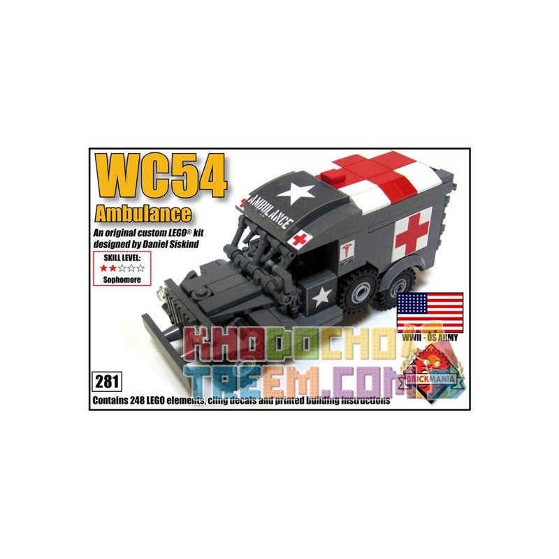 BRICKMANIA 281 non Lego XE CỨU THƯƠNG WC54 bộ đồ chơi xếp lắp ráp ghép mô hình Military Army WC54 AMBULANCE Quân Sự Bộ Đội 248 khối