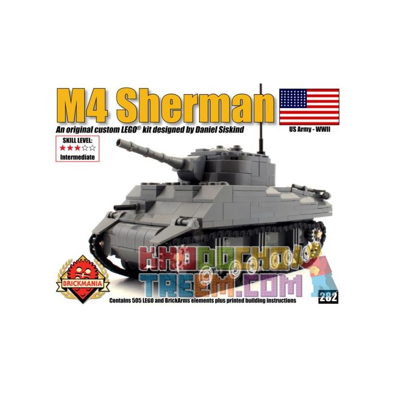 BRICKMANIA 282 non Lego XE TĂNG M4 SHERMAN bộ đồ chơi xếp lắp ráp ghép mô hình Military Army Quân Sự Bộ Đội 505 khối