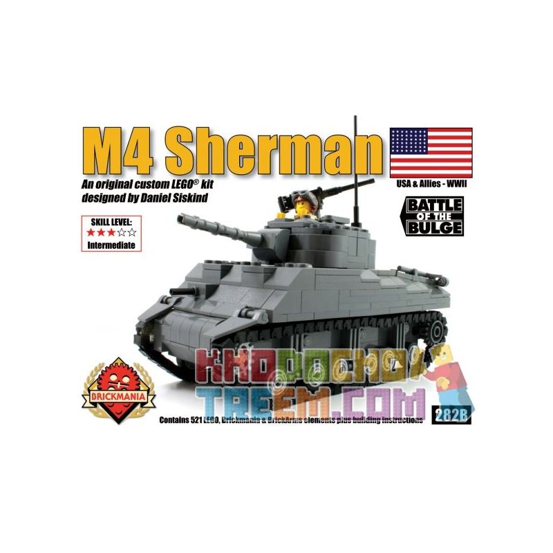 BRICKMANIA 282B non Lego XE TĂNG M4 SHERMAN bộ đồ chơi xếp lắp ráp ghép mô hình Military Army M4 SHERMAN TANK Quân Sự Bộ Đội 521 khối