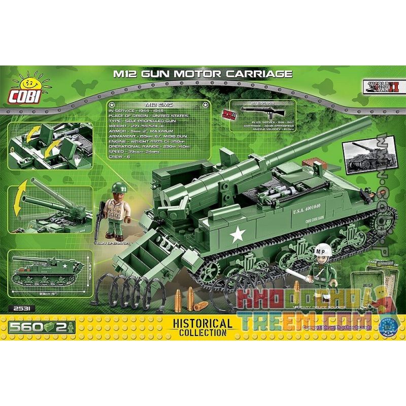 COBI 2531 non  XE PHÁO DI ĐỘNG M12 bộ đồ chơi xếp lắp ráp ghép mô hình Military Army M12 GUN MOTOR CARRIAGE Quân Sự Bộ Đội 560 khối
