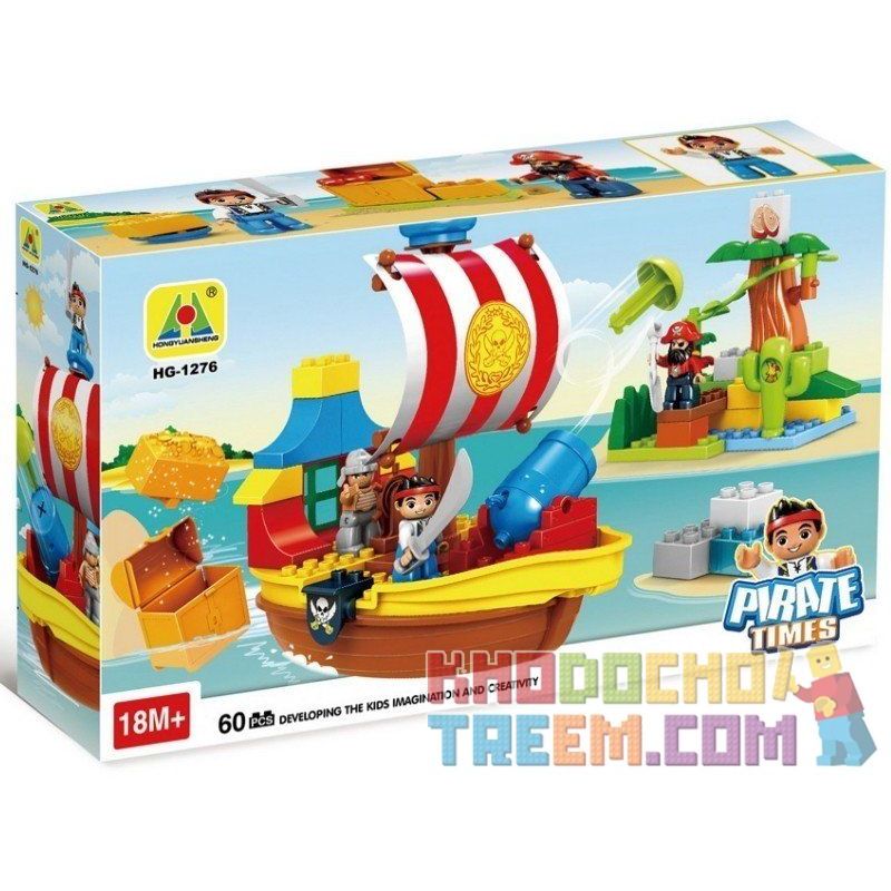 NOT Lego Duplo DUPLO 10514 Jake's Pirate Ship Bucky Jack And The Neverland Pirates Jack's Pirate Ship , GOROCK 1018 HYSTOYS HONGYUANSHENG AOLEDUOTOYS HG-1276 1276 HG1276 Xếp hình Tàu Cướp Biển Chở Kho Báu Của Jakes 60 khối