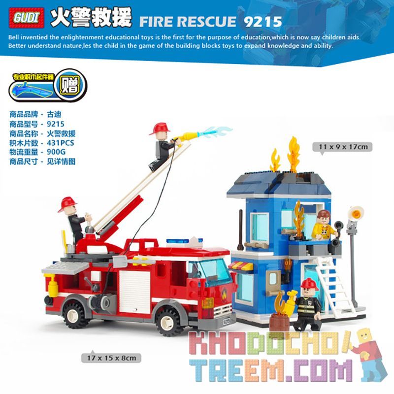 GUDI 9215 non Lego XE CỨU HỎA bộ đồ chơi xếp lắp ráp ghép mô hình Fire Rescure FIREMAN FIRE RESCUE 431 khối