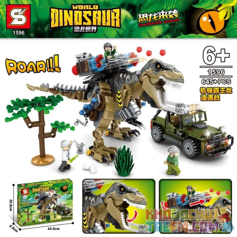 SHENG YUAN SY 1596 Xếp hình kiểu Lego JURASSIC WORLD Dinosaur World Mechanical Tyrannosaurus Rex Chase Cơ Khí BA Wanglong đuổi Theo 645 khối