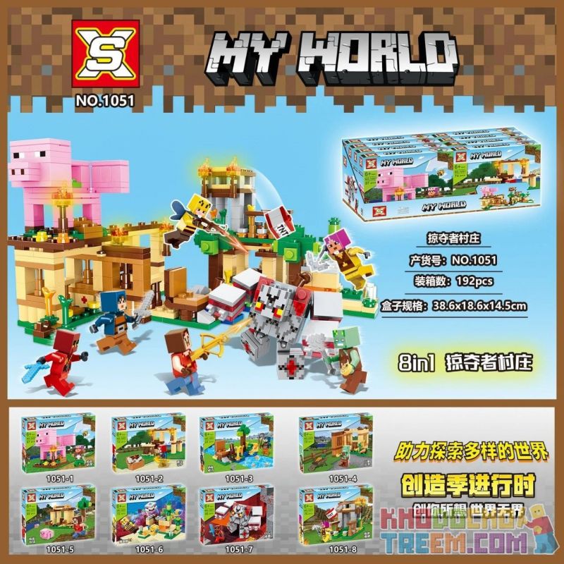 SX 1051 non Lego LÀNG ĂN THỊT 8IN1 bộ đồ chơi xếp lắp ráp ghép mô hình Minecraft MY WORLD Game Xây Dựng 192 khối
